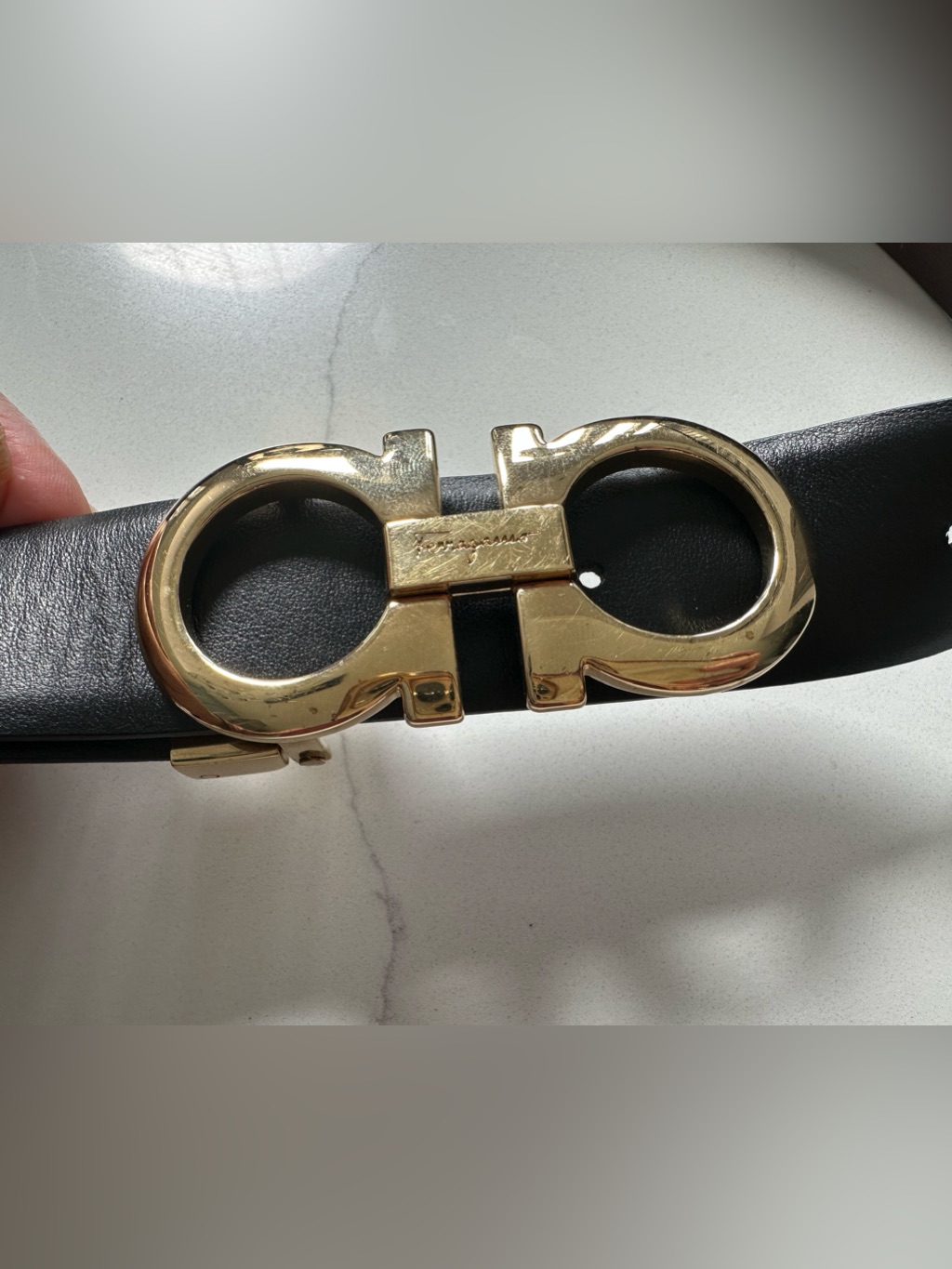 Black Leather Belt With Gold Double Gancini Buckle